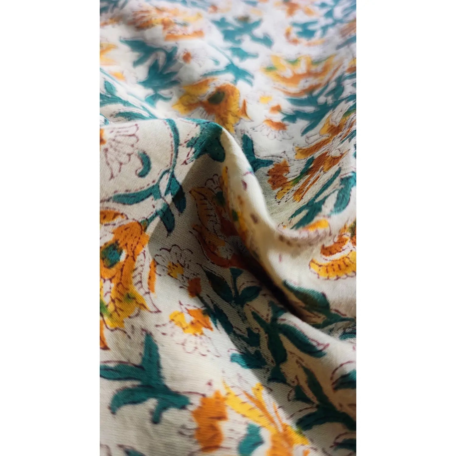 Handmade Bagru Print Textile –  Beige And Yellow color Floral Print Cotton Material
