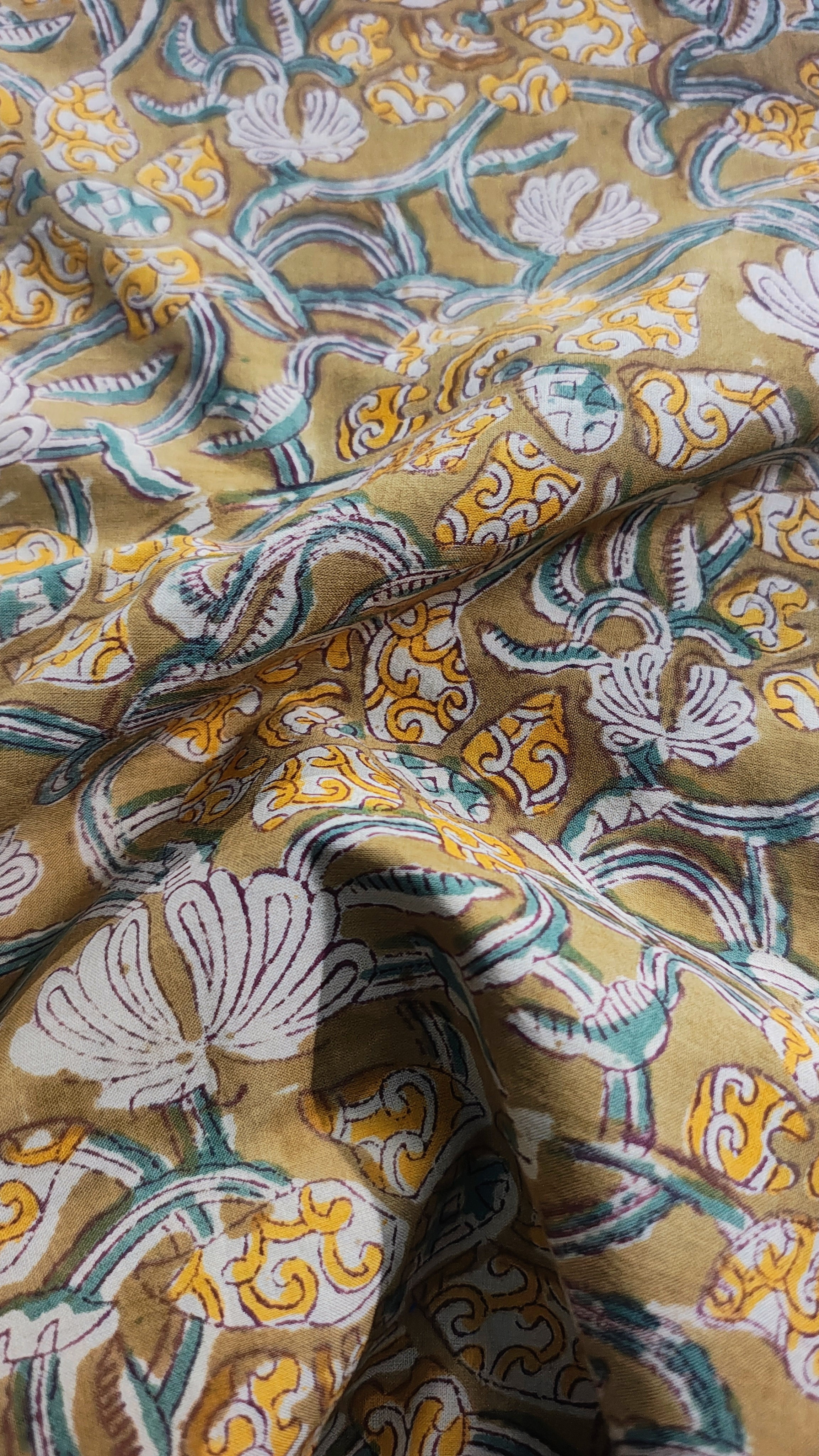 Handmade Bagru Print Textile –  Mustared color Floral Print Cotton Material
