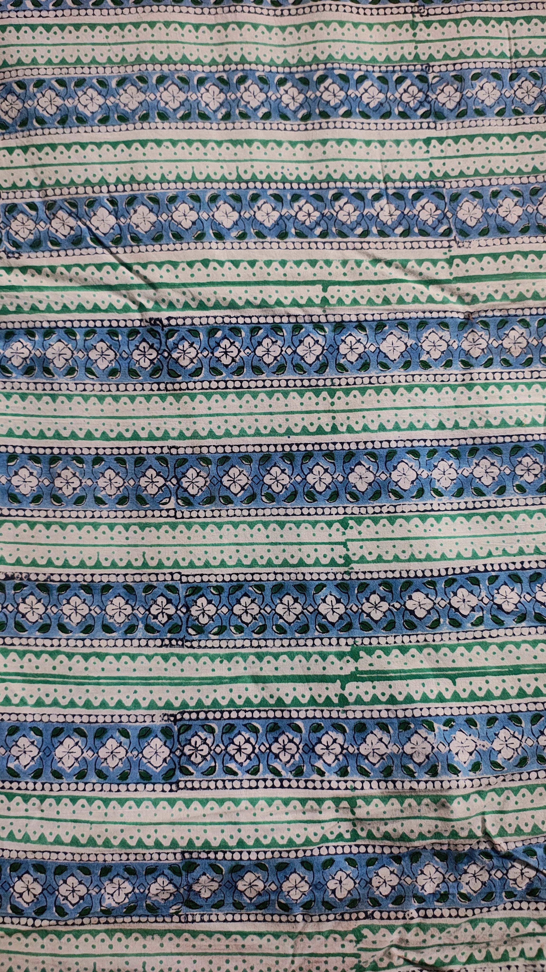 Handmade Bagru Print Textile –  Green And Blue color Floral Print Cotton Material
