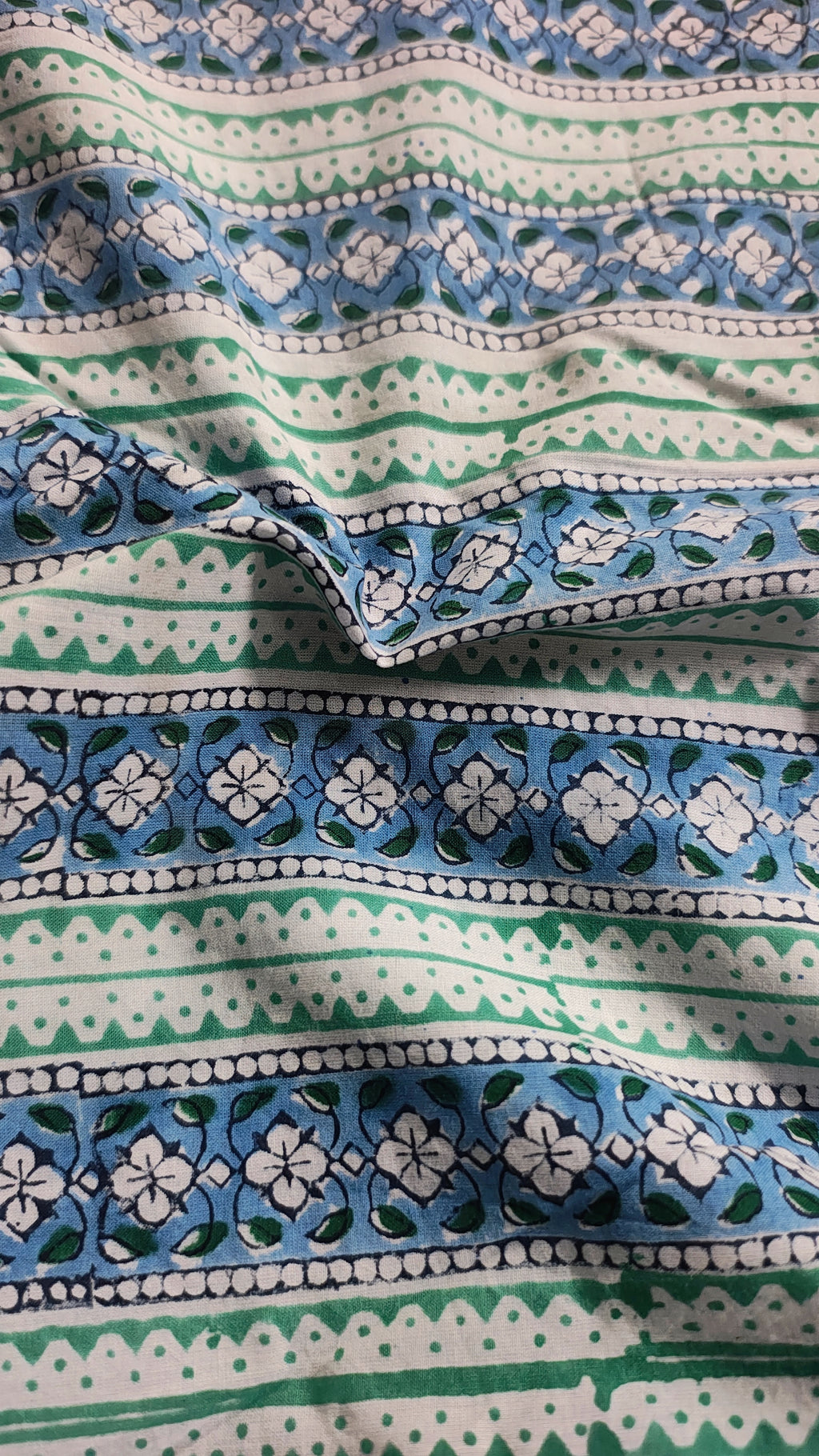 Handmade Bagru Print Textile –  Green And Blue color Floral Print Cotton Material