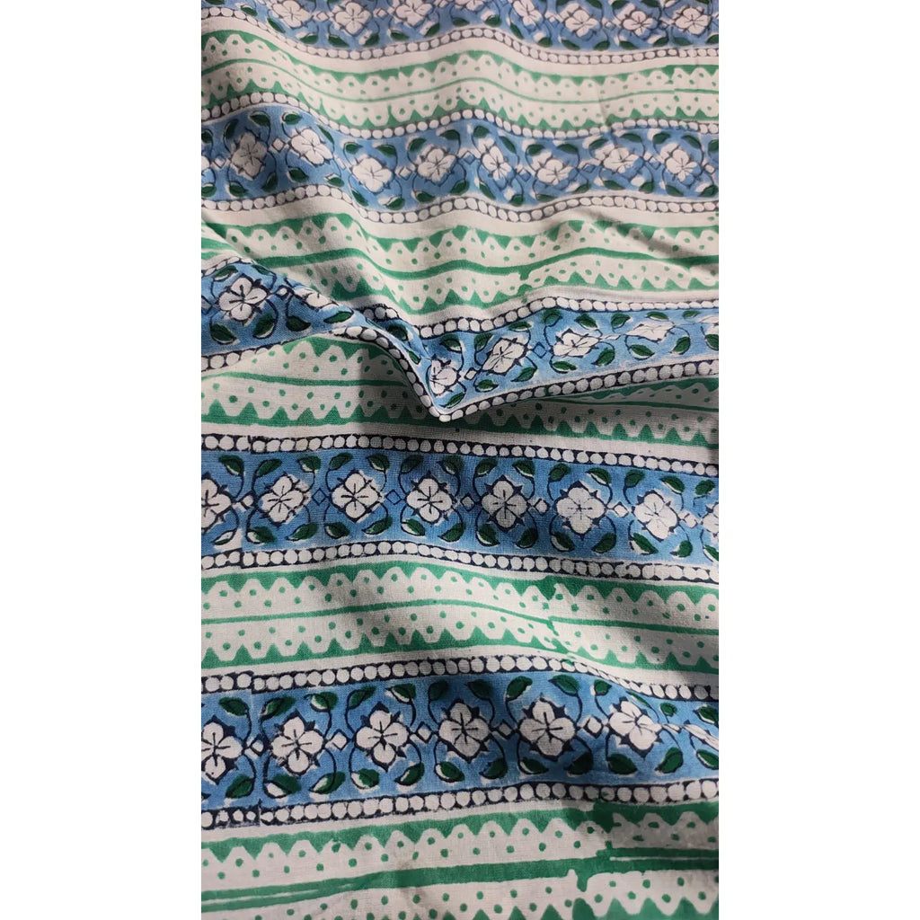 Handmade Bagru Print Textile –  Green And Blue color Floral Print Cotton Material