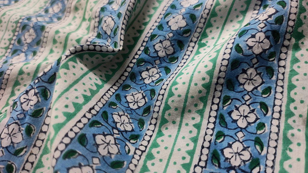 Handmade Bagru Print Textile –  Green And Blue color Floral Print Cotton Material