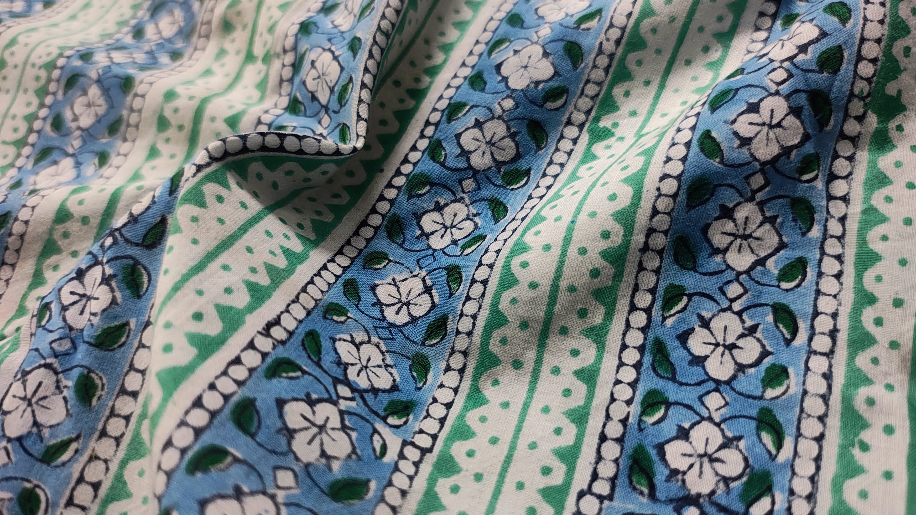 Handmade Bagru Print Textile –  Green And Blue color Floral Print Cotton Material