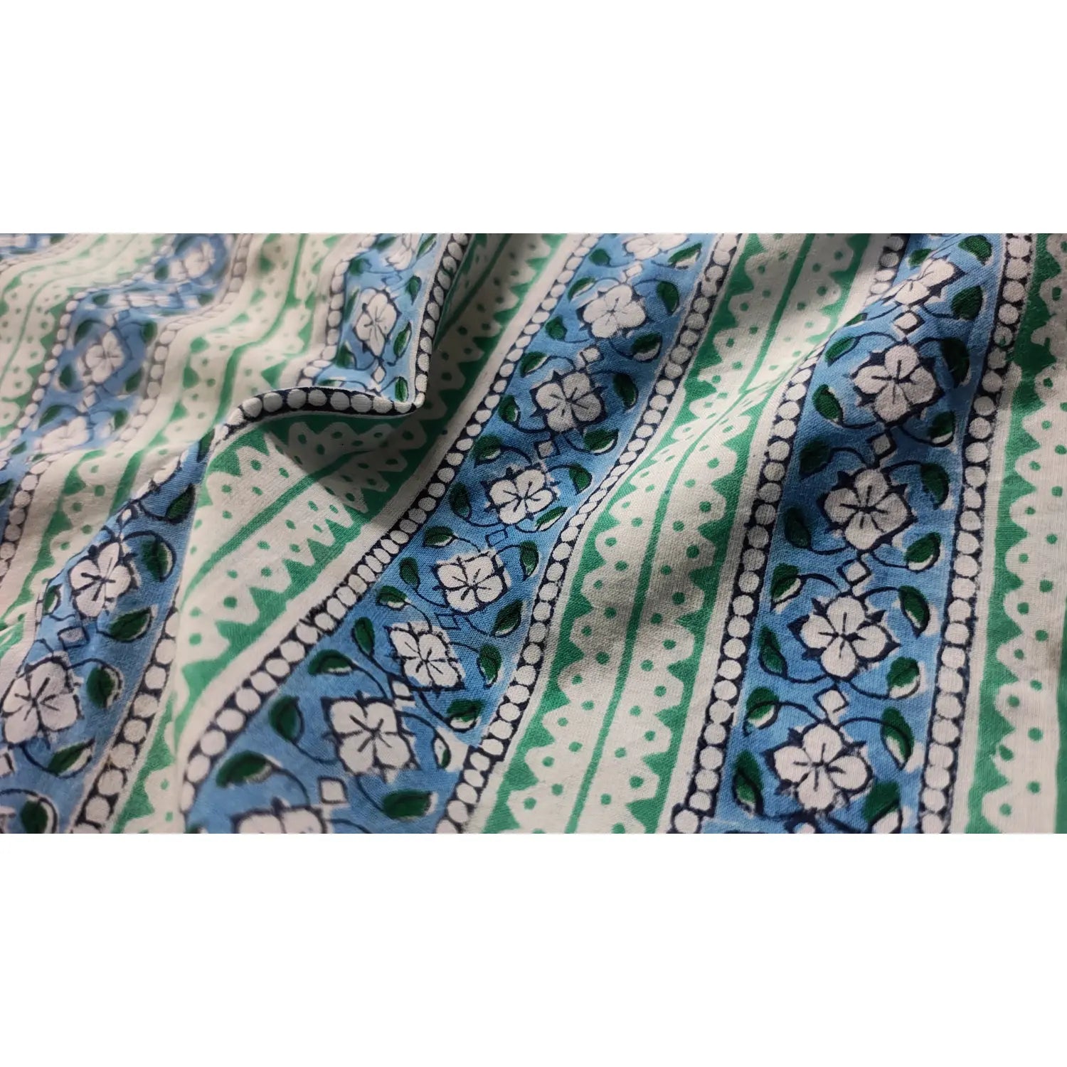 Handmade Bagru Print Textile –  Green And Blue color Floral Print Cotton Material