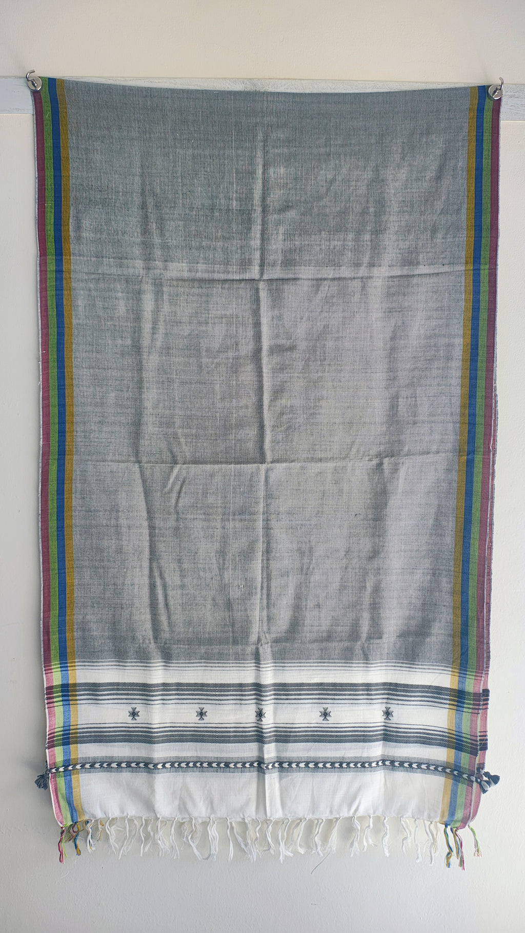 Handwoven Viscose Grey Color Kutch Bhujodi Stole with Tassels (W60cm X L210cm)