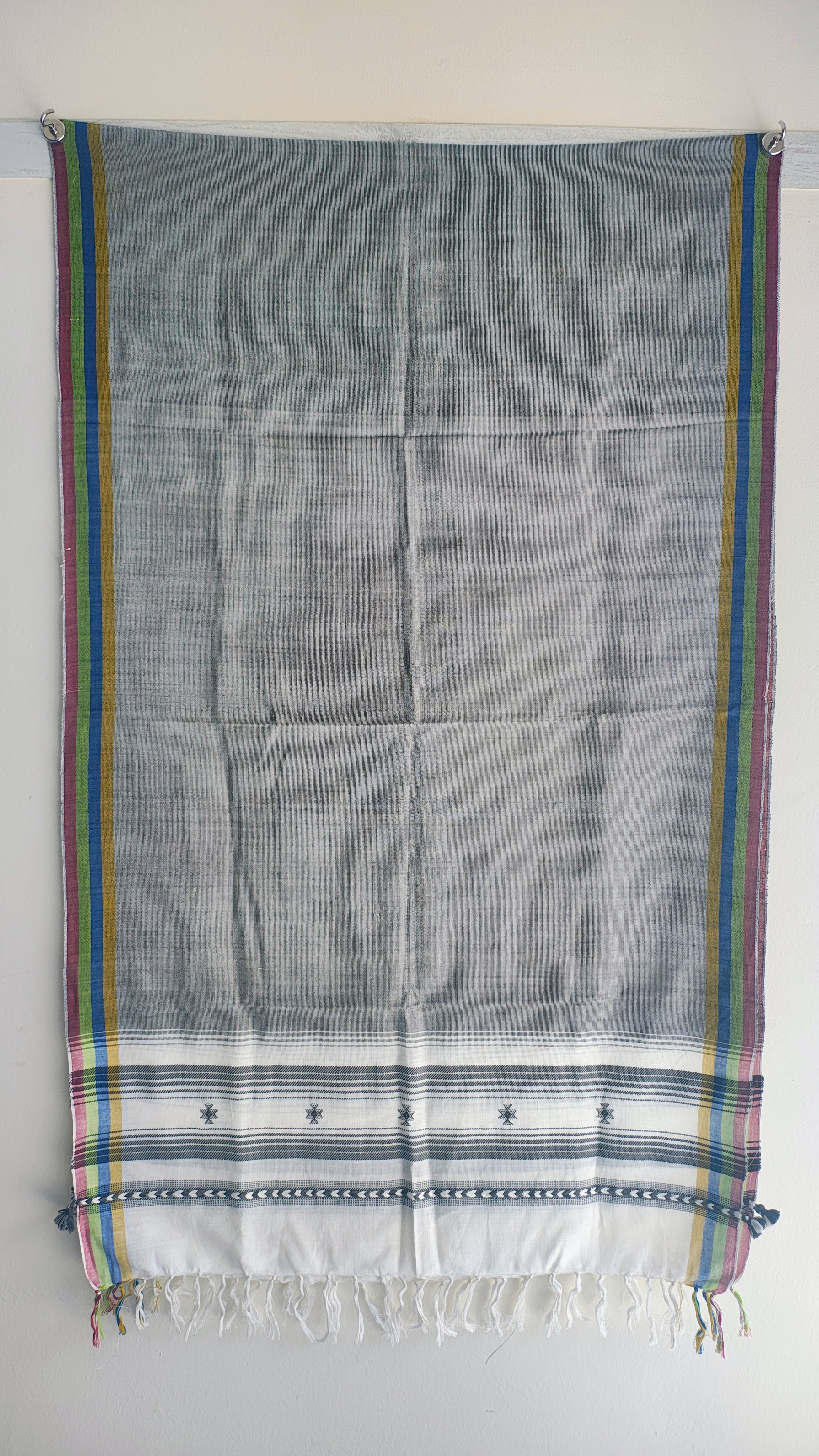 Handwoven Viscose Grey Color Kutch Bhujodi Stole with Tassels (W60cm X L210cm)