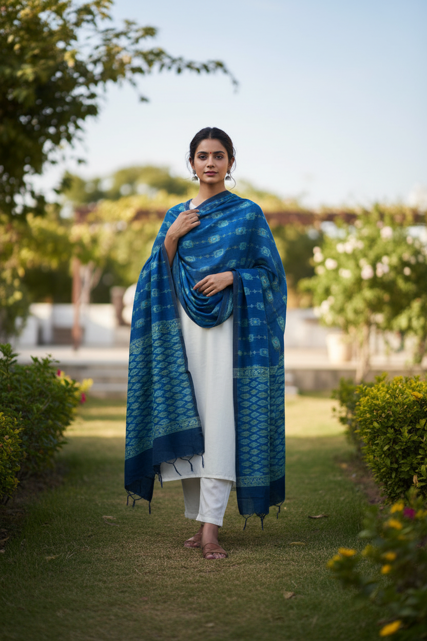 Women's Blue Modal Silk Handblock Printed Ajrakh Dupatta W 100cm X L 256cm