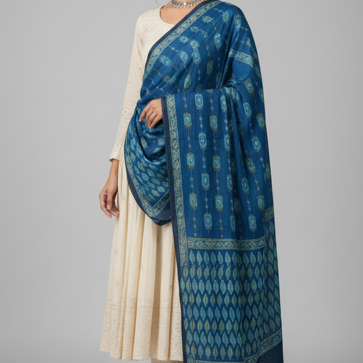 Women's Blue Modal Silk Handblock Printed Ajrakh Dupatta W 100cm X L 256cm