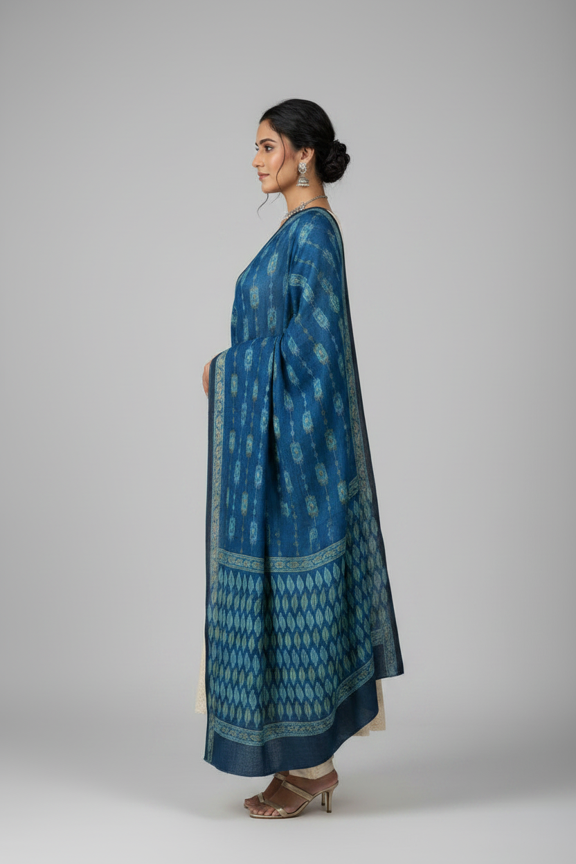 Women's Blue Modal Silk Handblock Printed Ajrakh Dupatta W 100cm X L 256cm