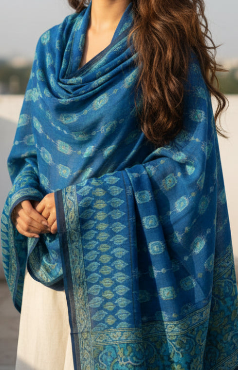 Women's Blue Modal Silk Handblock Printed Ajrakh Dupatta W 100cm X L 256cm