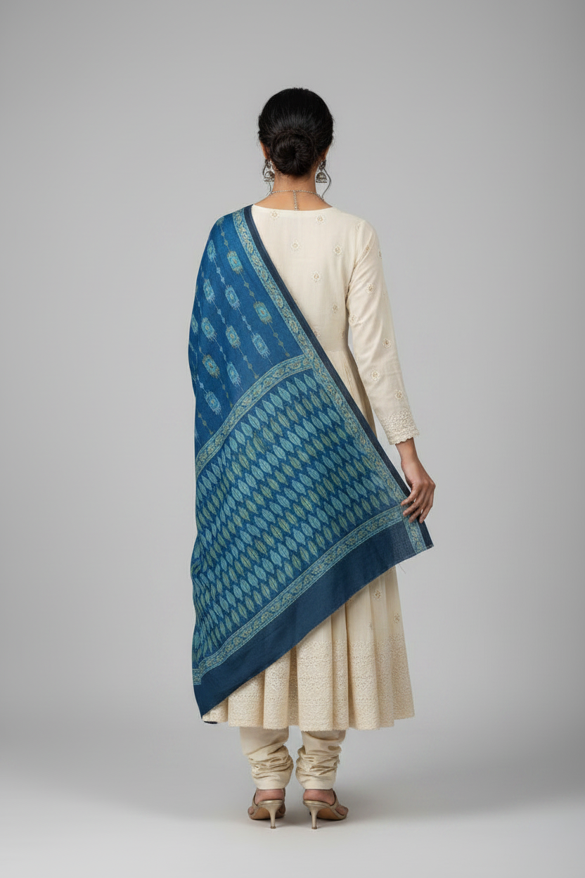 Women's Blue Modal Silk Handblock Printed Ajrakh Dupatta W 100cm X L 256cm