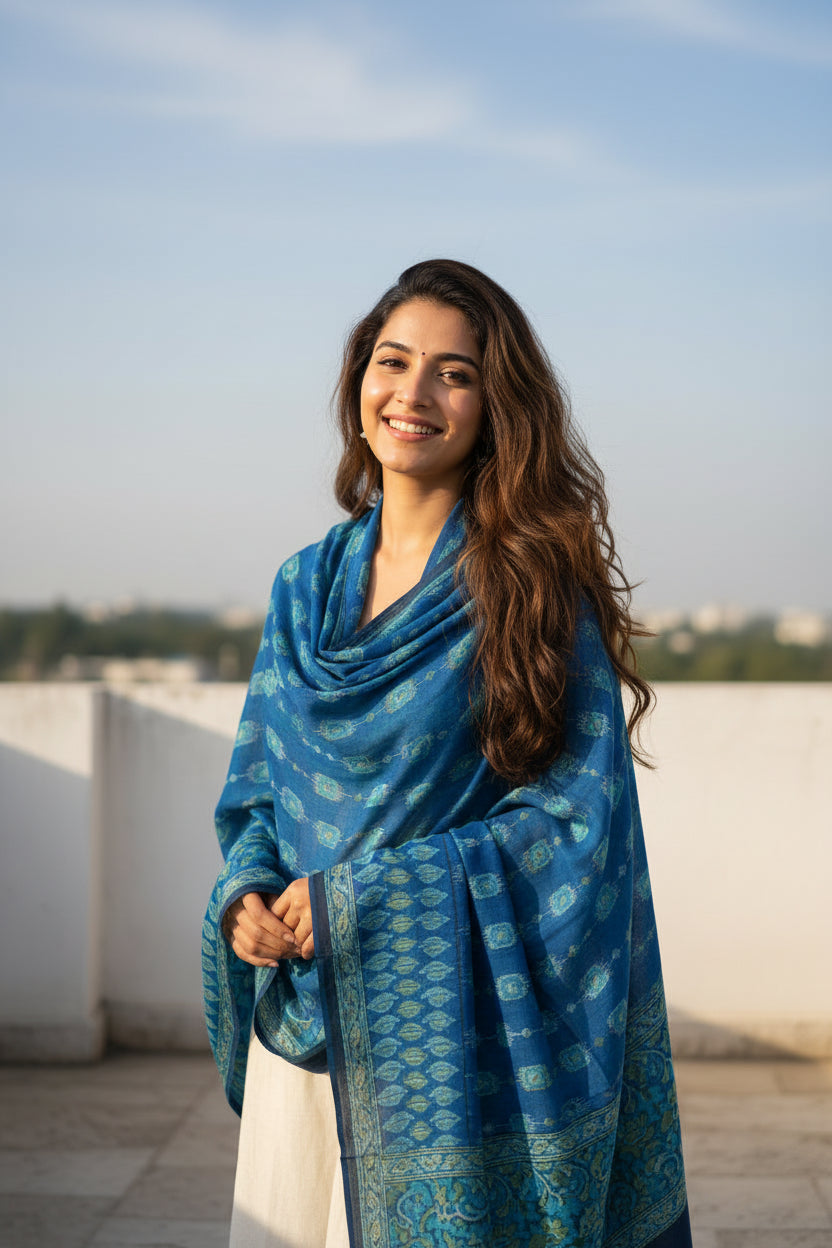 Women's Blue Modal Silk Handblock Printed Ajrakh Dupatta W 100cm X L 256cm