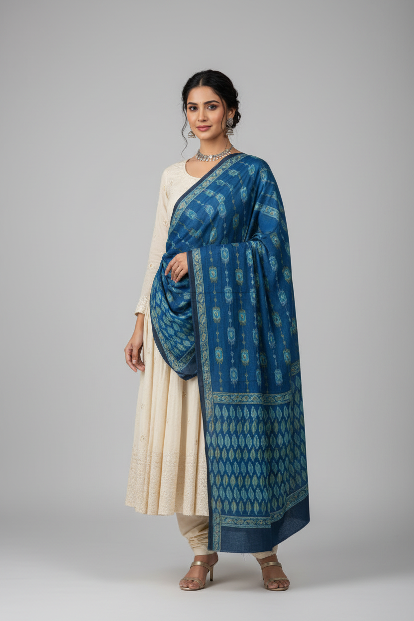 Women's Blue Modal Silk Handblock Printed Ajrakh Dupatta W 100cm X L 256cm