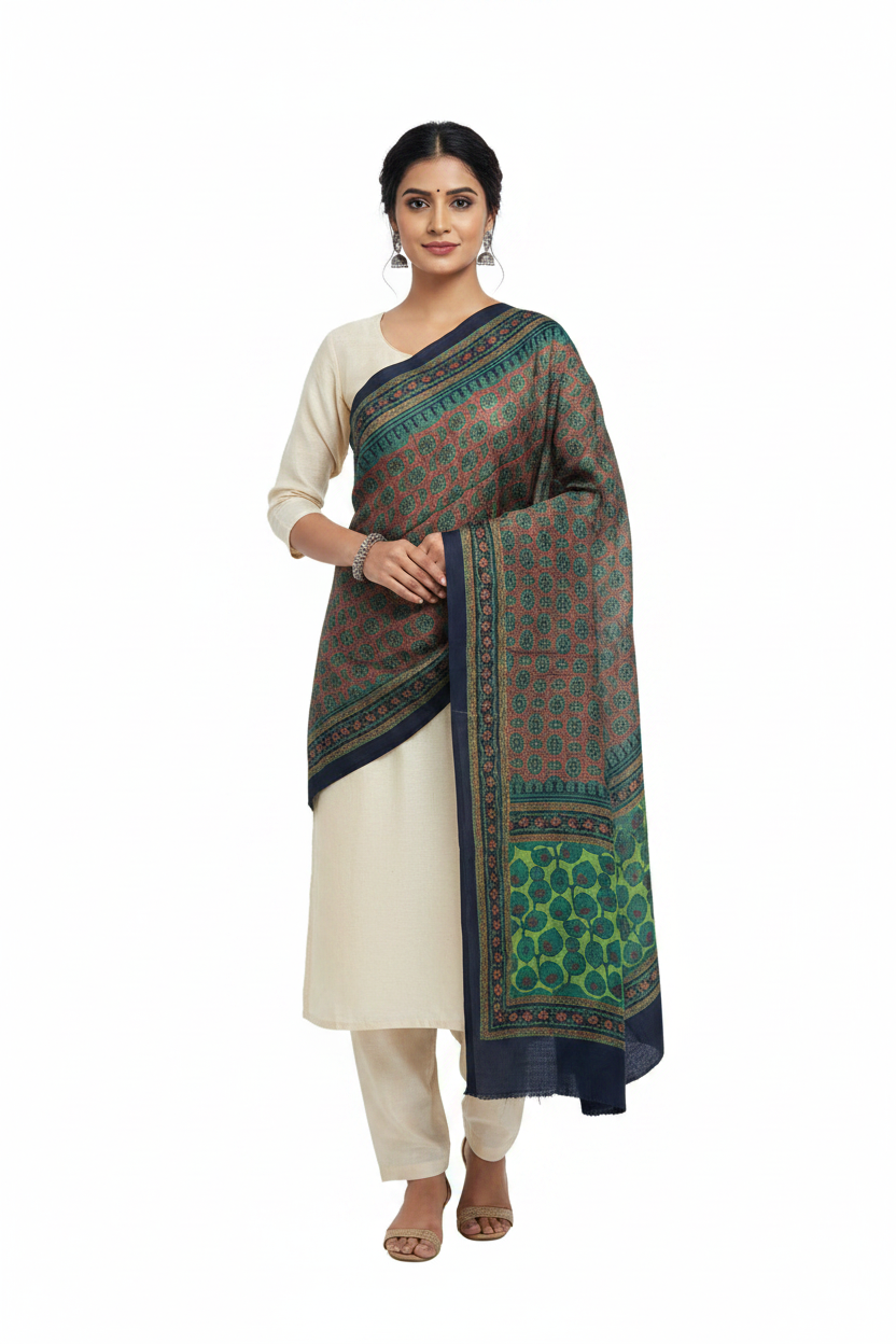 Women's Green Modal Silk Handblock Printed Ajrakh Dupatta W 100cm X L 256cm