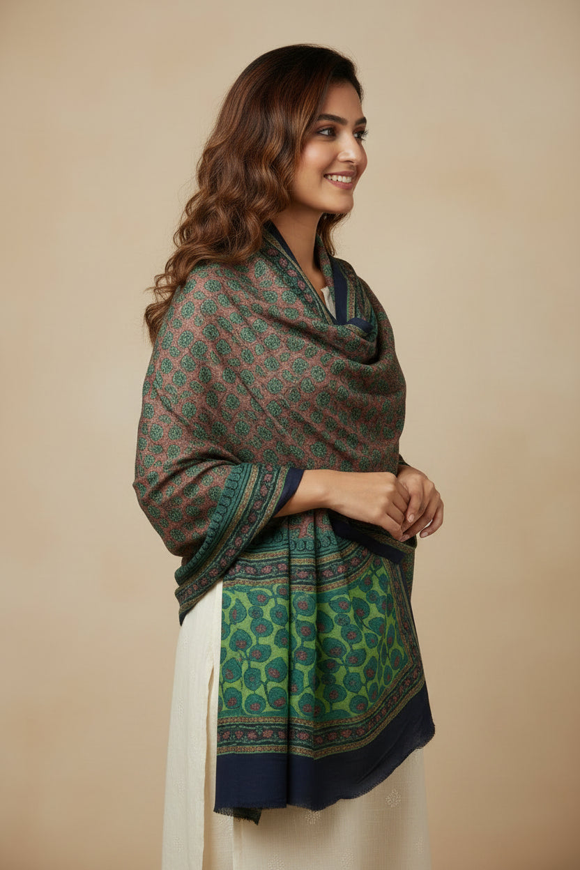 Women's Green Modal Silk Handblock Printed Ajrakh Dupatta W 100cm X L 256cm