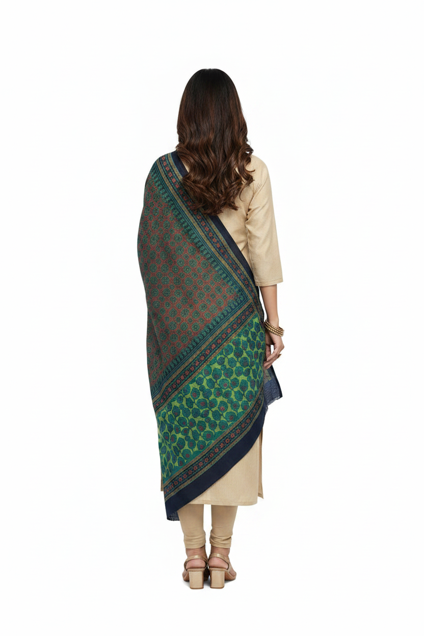 Woman wearing a green and blue saree with a white background