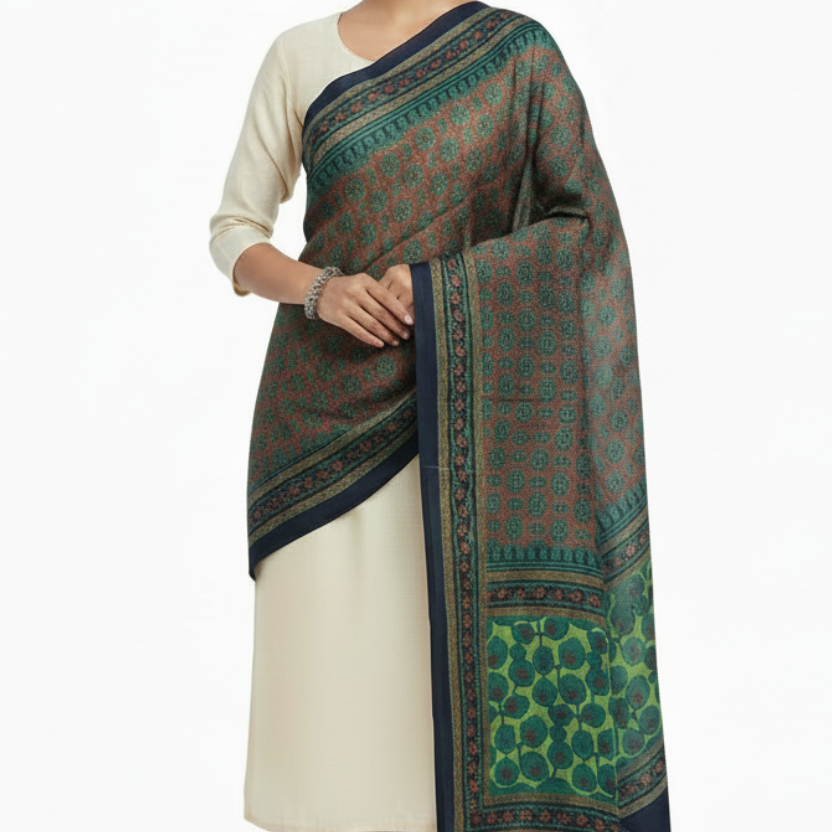 Women's Green Modal Silk Handblock Printed Ajrakh Dupatta W 100cm X L 256cm
