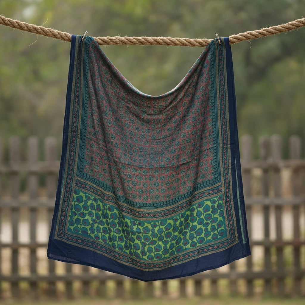 Women's Green Modal Silk Handblock Printed Ajrakh Dupatta W 100cm X L 256cm