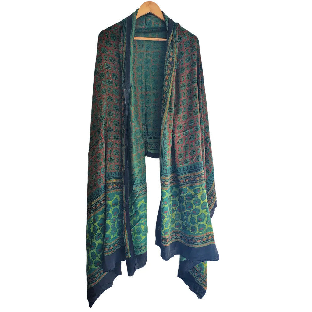 Women's Green Modal Silk Handblock Printed Ajrakh Dupatta W 100cm X L 256cm