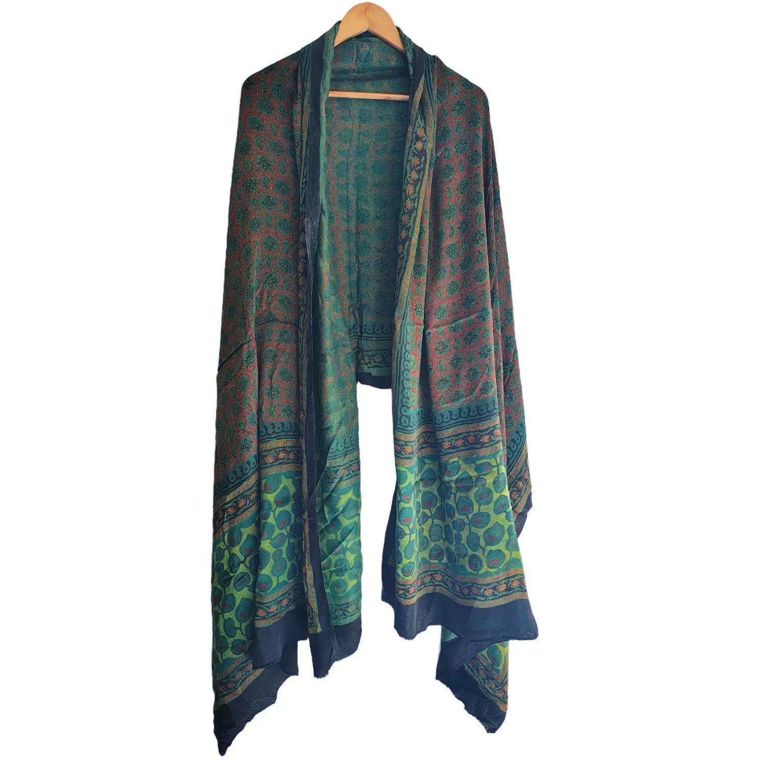 Women's Green Modal Silk Handblock Printed Ajrakh Dupatta W 100cm X L 256cm