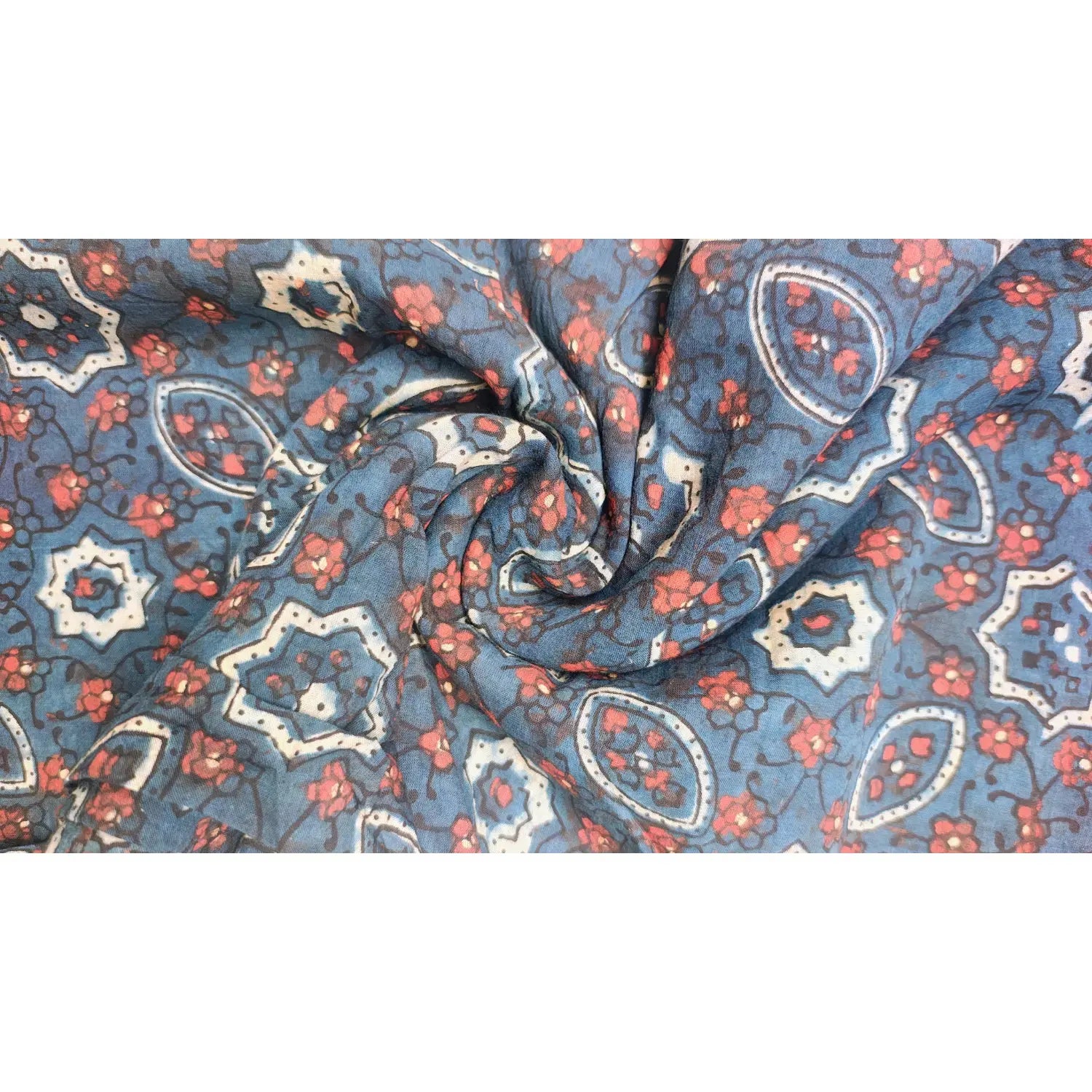 Ethnic Indigo Ajrakh Cotton Fabric with Floral Motifs