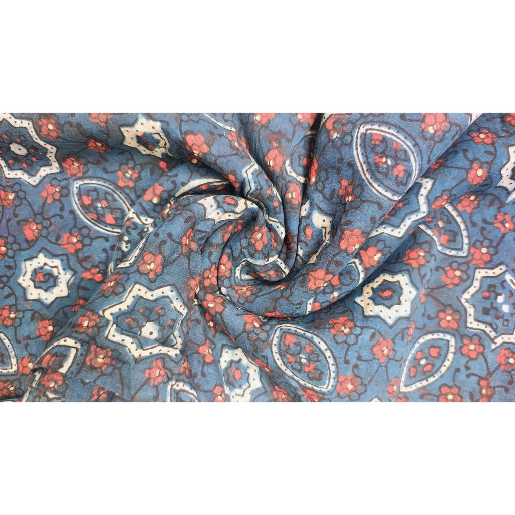 Ethnic Indigo Ajrakh Cotton Fabric with Floral Motifs