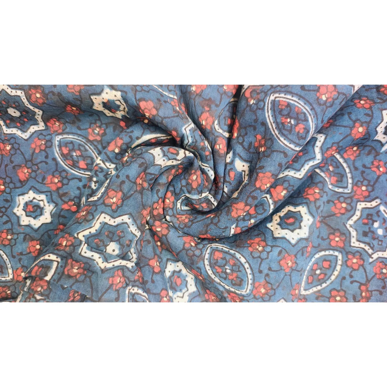 Ethnic Indigo Ajrakh Cotton Fabric with Floral Motifs