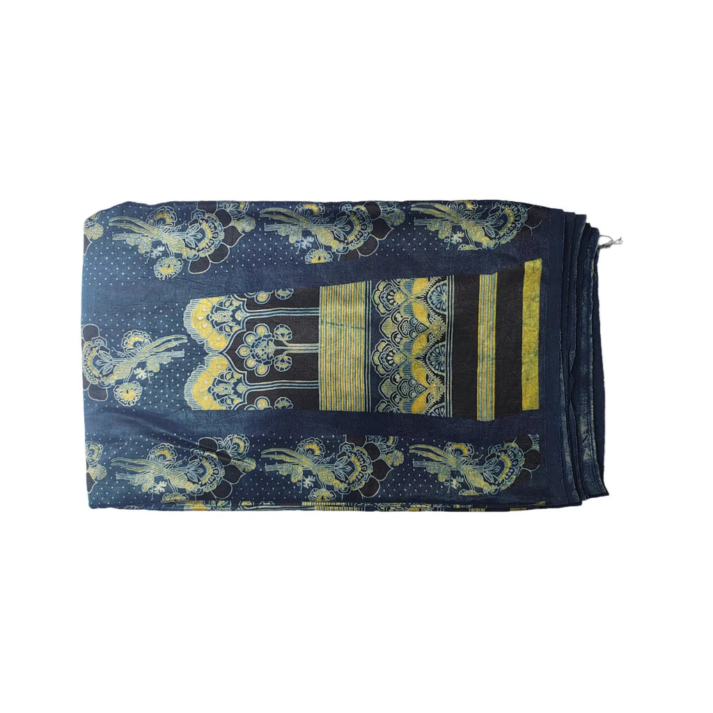 Ethnic Indigo Ajrakh MashrooKali Silk Fabric with Floral Motifs