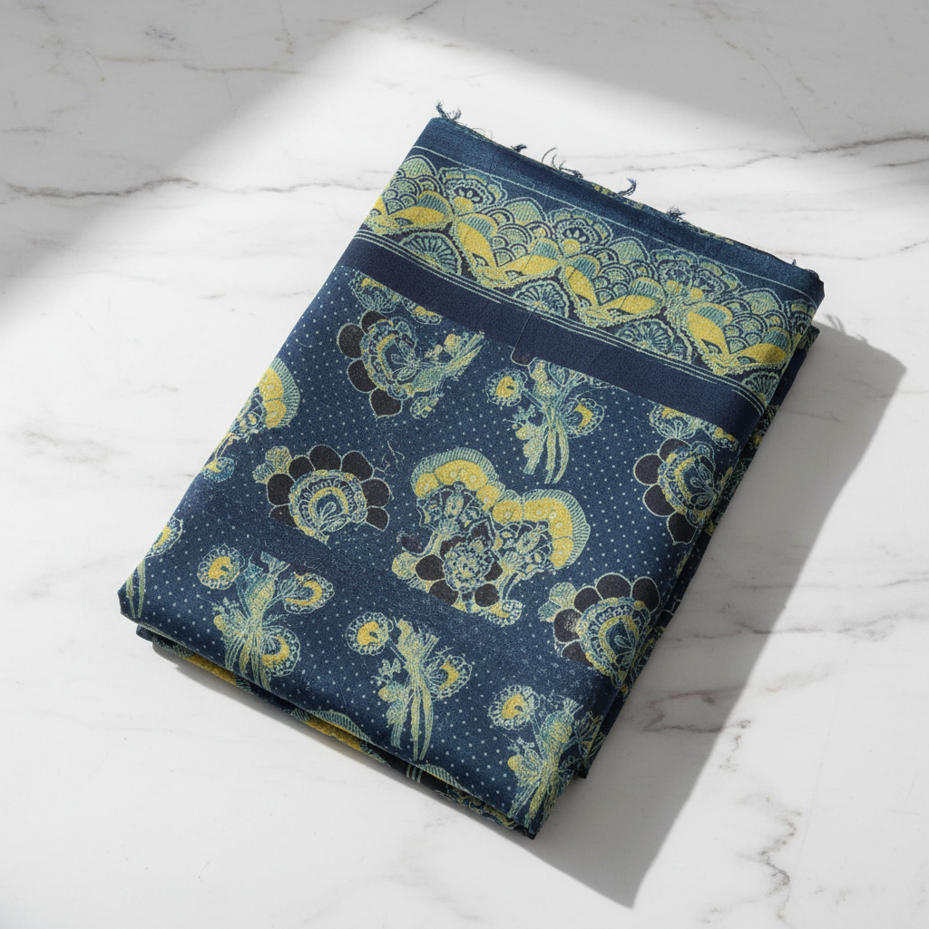 Ethnic Indigo Ajrakh MashrooKali Silk Fabric with Floral Motifs