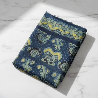 Ethnic Indigo Ajrakh MashrooKali Silk Fabric with Floral Motifs