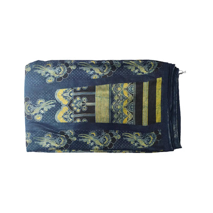 Ethnic Indigo Ajrakh MashrooKali Silk Fabric with Floral Motifs