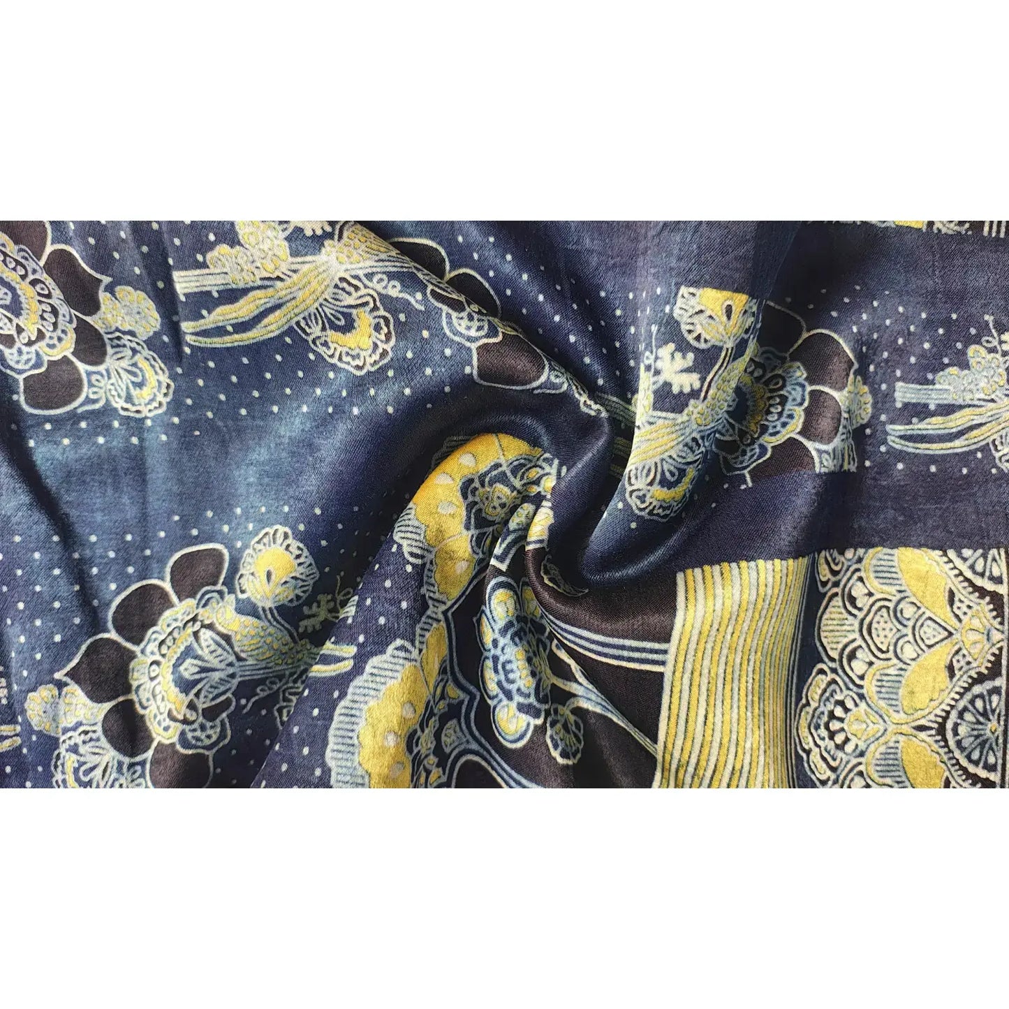 Ethnic Indigo Ajrakh MashrooKali Silk Fabric with Floral Motifs