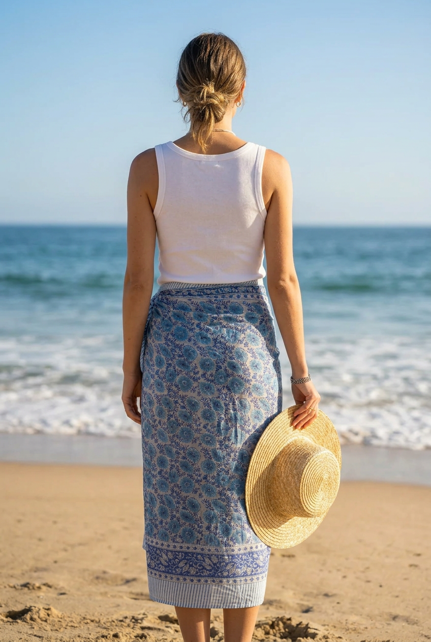 Bagru Block Print Blue Color Cotton Sarong, Beach Wrap, Pareo