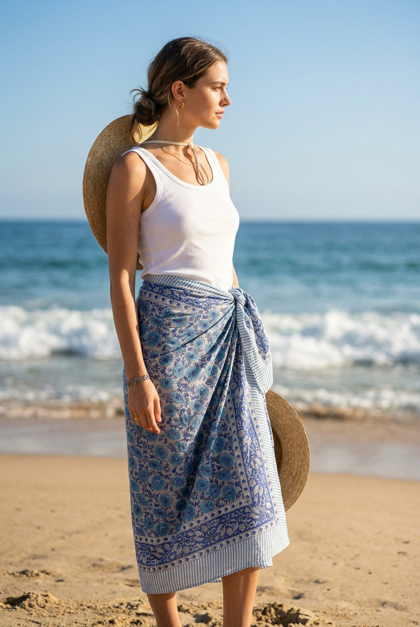 Bagru Block Print Blue Color Cotton Sarong, Beach Wrap, Pareo