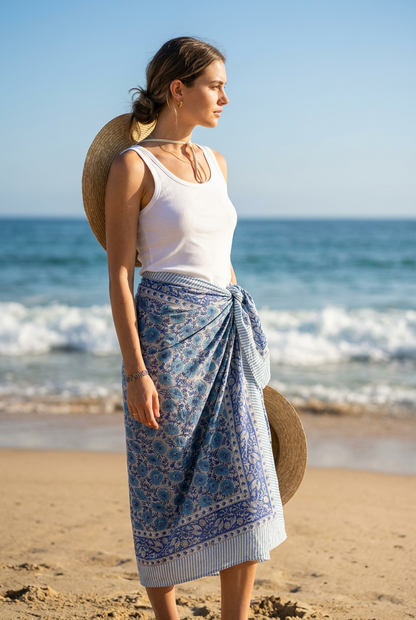 Bagru Block Print Blue Color Cotton Sarong, Beach Wrap, Pareo