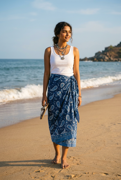 Bagru Block Print Blue Color Cotton Sarong, Beach Wrap, Pareo