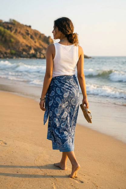 Bagru Block Print Blue Color Cotton Sarong, Beach Wrap, Pareo
