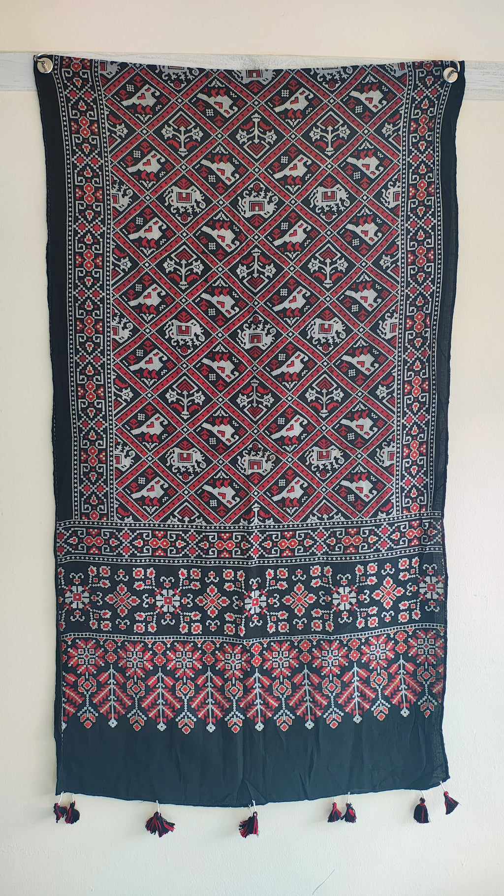 Black Ajrakh printed cotton stole ISAK16-06B — close-up of geometric block print motifs — Indiascarves
