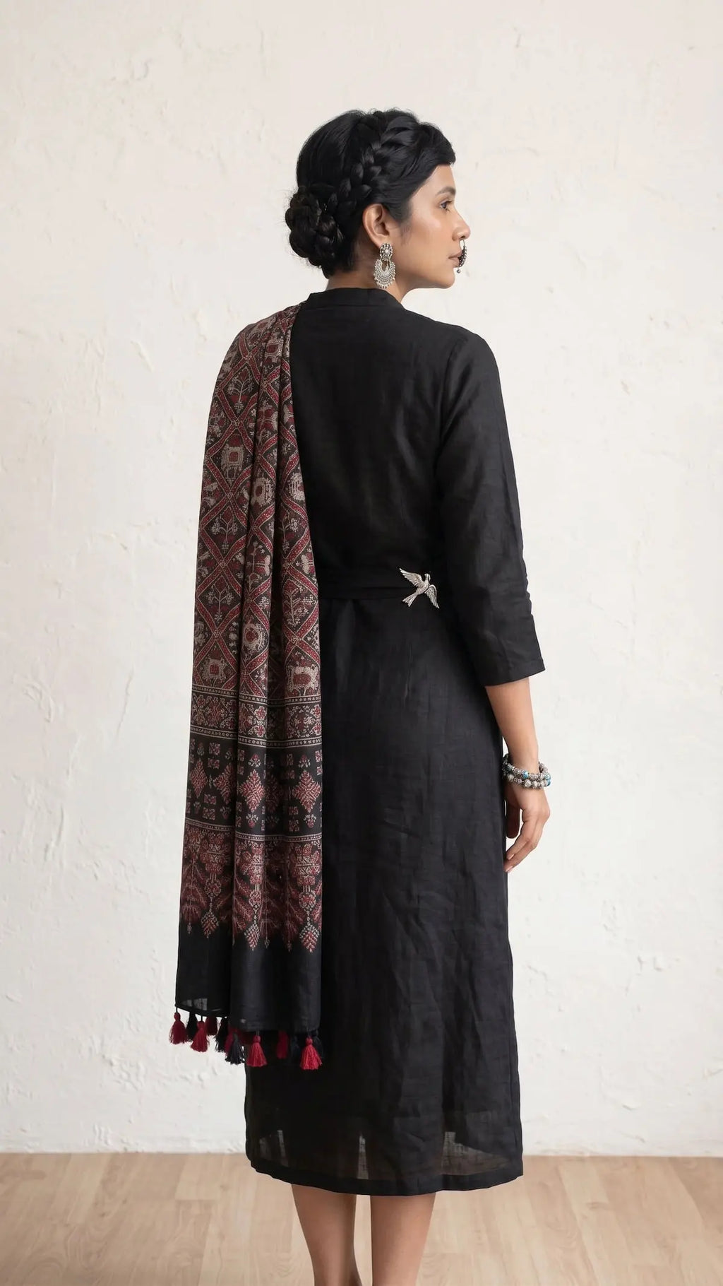 Black Ajrakh printed cotton stole ISAK16-06B worn by model — traditional Indian ethnic scarf — Indiascarves