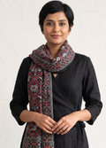 Black Ajrakh printed cotton stole ISAK16-06B — bold black base with red and cream geometric motifs — Indiascarves