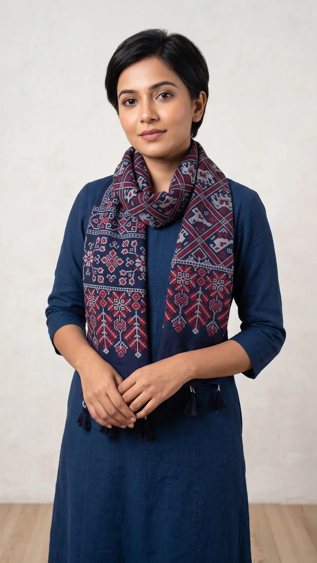 Navy blue Ajrakh printed cotton stole ISAK16-06C — deep indigo base with red and white geometric motifs — Indiascarves