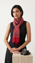 Red Ajrakh printed cotton stole ISAK16-06D — bold red base with navy blue and white geometric motifs — Indiascarves