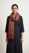 Maroon Ajrakh printed cotton stole ISAK16-06E — rich maroon base with cream beige geometric motifs and tassels — Indiascarves