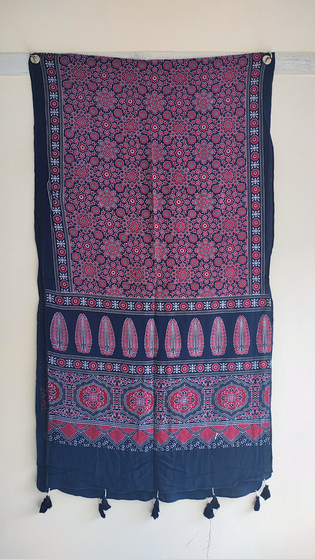Navy blue Ajrakh cotton stole ISAK16-07C — close-up of indigo block print patterns — Indiascarves