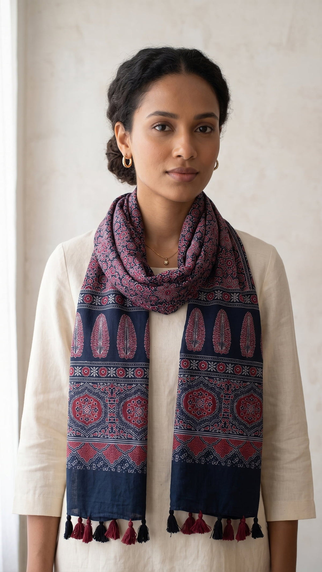 Navy blue Ajrakh printed cotton stole ISAK16-07C — deep indigo with red cream geometric motifs and tassels — Indiascarves
