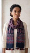 Navy blue Ajrakh printed cotton stole ISAK16-07C — deep indigo with red cream geometric motifs and tassels — Indiascarves