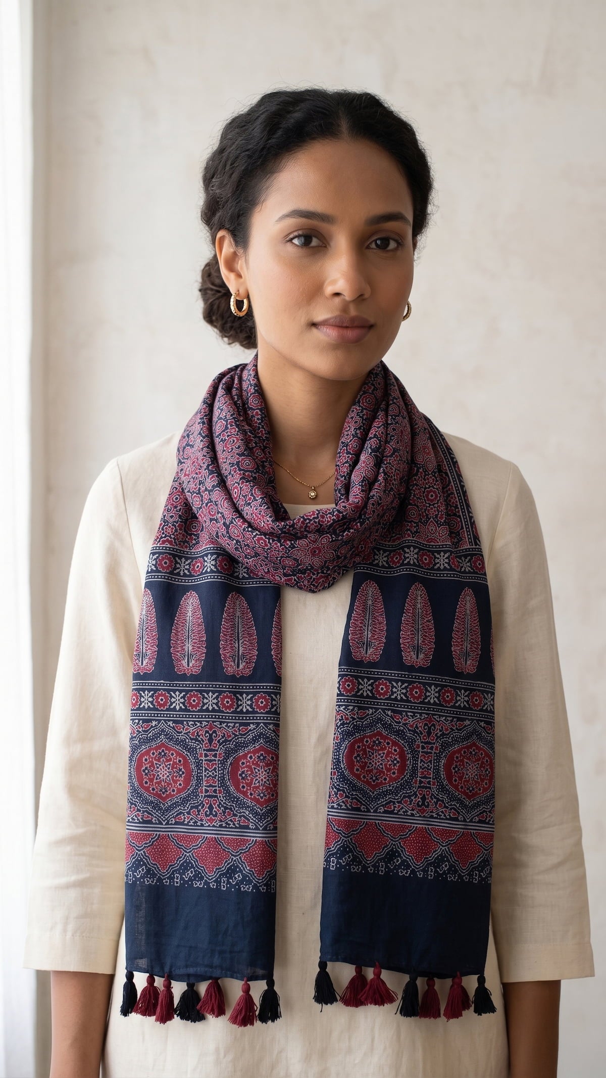 Navy blue Ajrakh printed cotton stole ISAK16-07C — deep indigo with red cream geometric motifs and tassels — Indiascarves