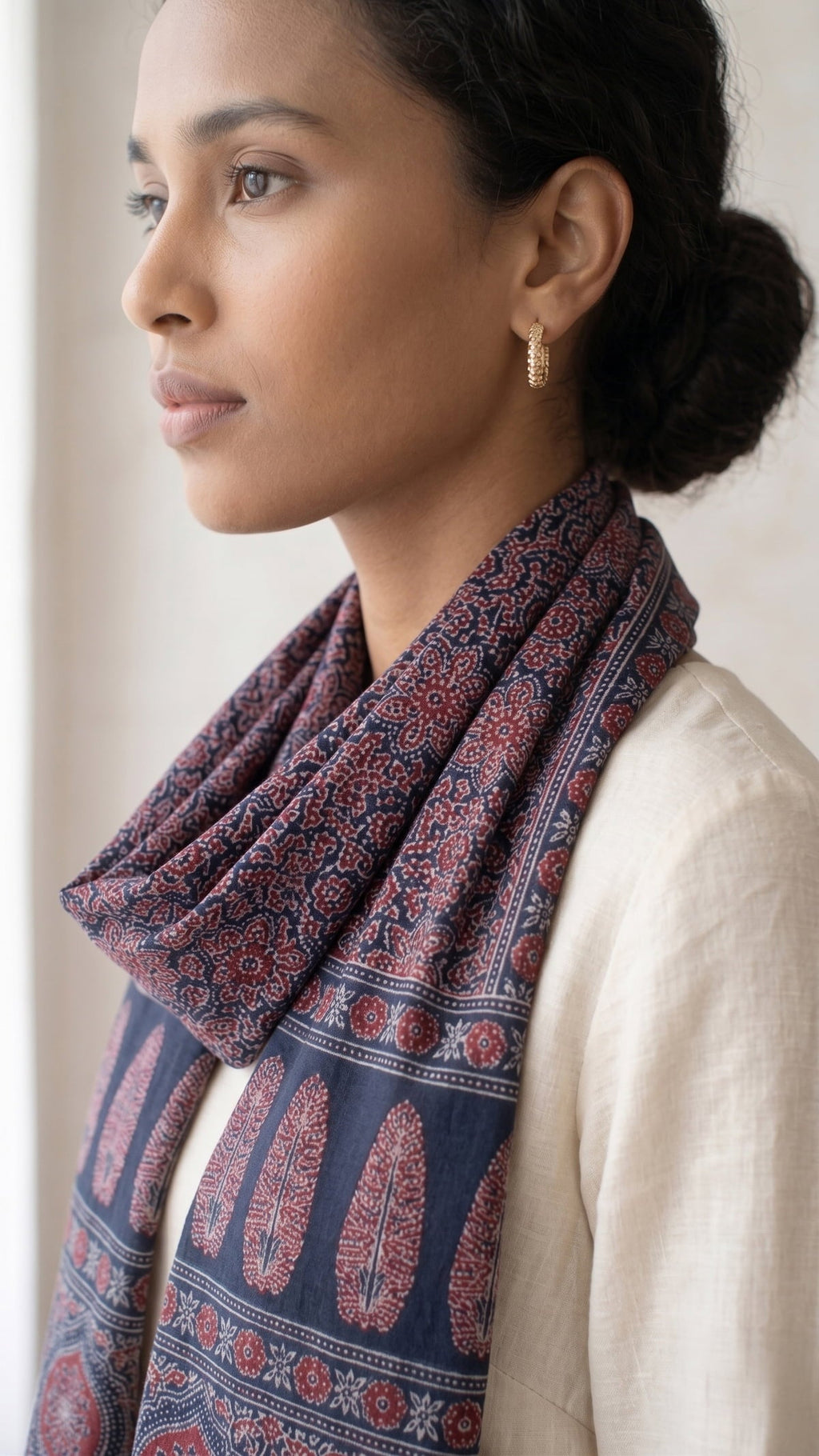Navy blue Ajrakh cotton stole ISAK16-07C worn by model — Kutch hand block print ethnic scarf — Indiascarves