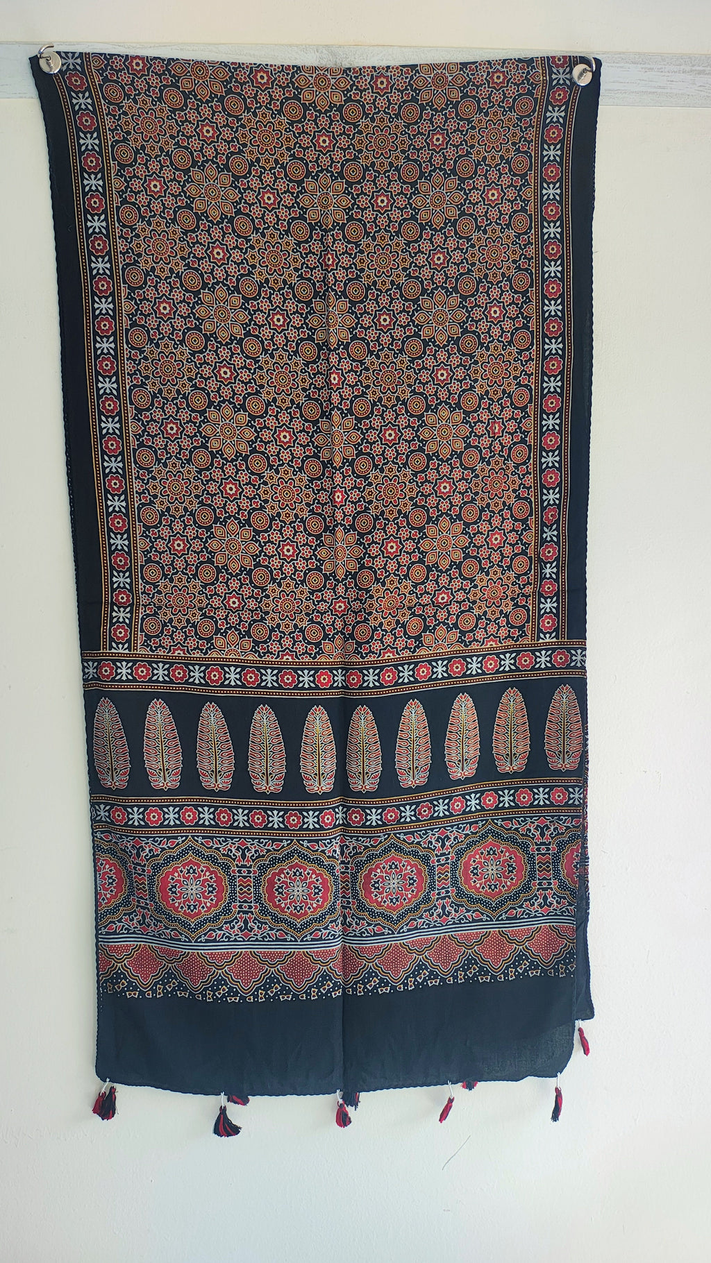 Black Ajrakh cotton stole ISAK16-07D — close-up of multicolour block print motifs — Indiascarves
