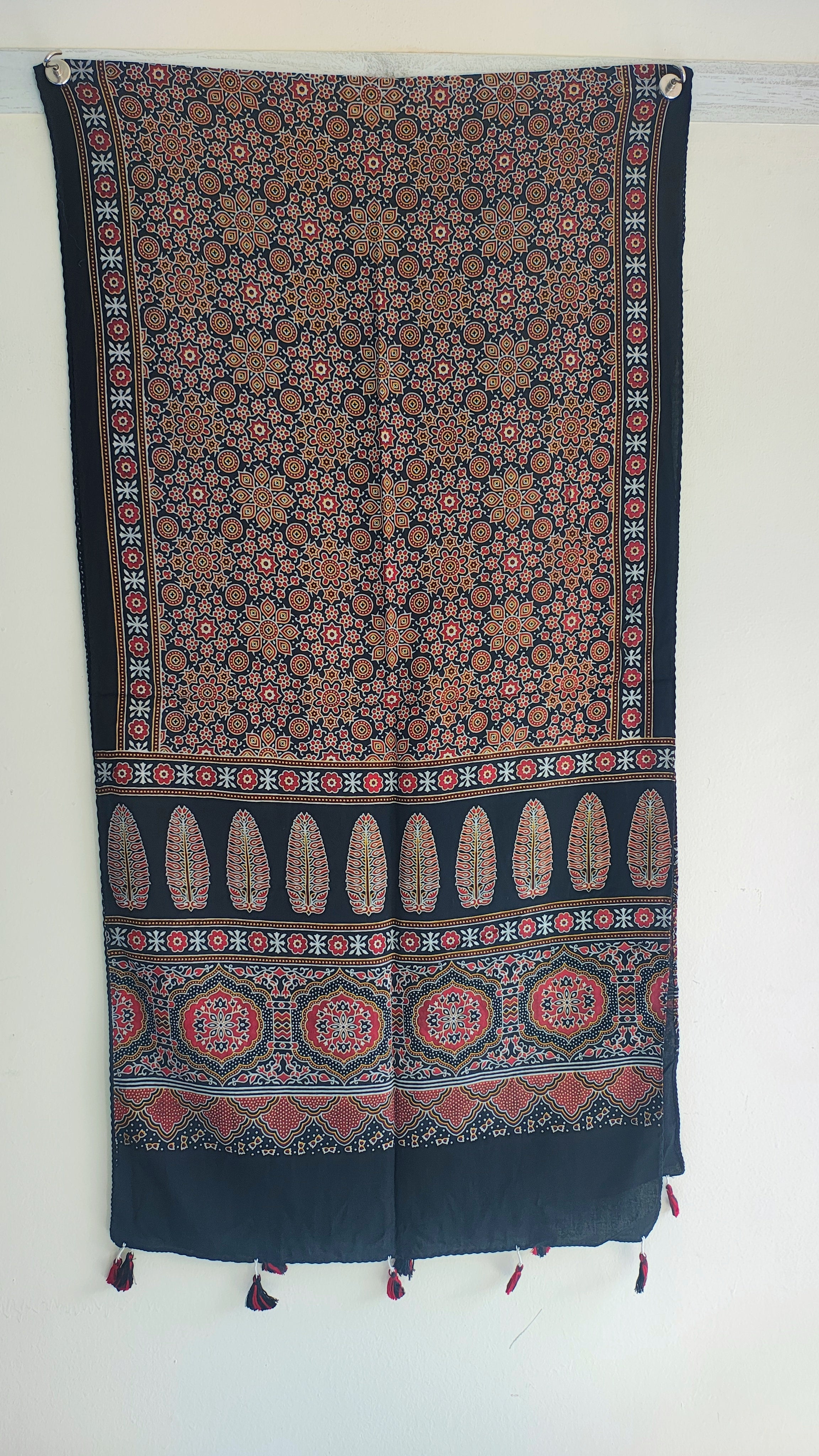 Black Ajrakh cotton stole ISAK16-07D — close-up of multicolour block print motifs — Indiascarves